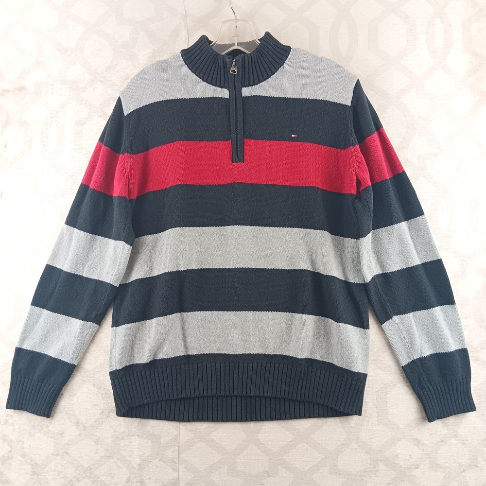 Tommy Hilfiger Striped 1/4 Zip Pullover Sweater Gray Black Red Women's L (16-18)